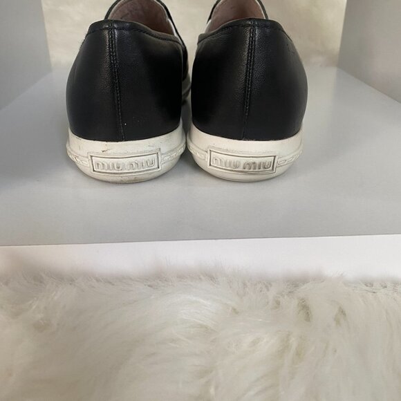 EUC MIU Black Silver Metal CapToe Leather Skate Slip on Sneakers Shoe 37 7 - Picture 5 of 10